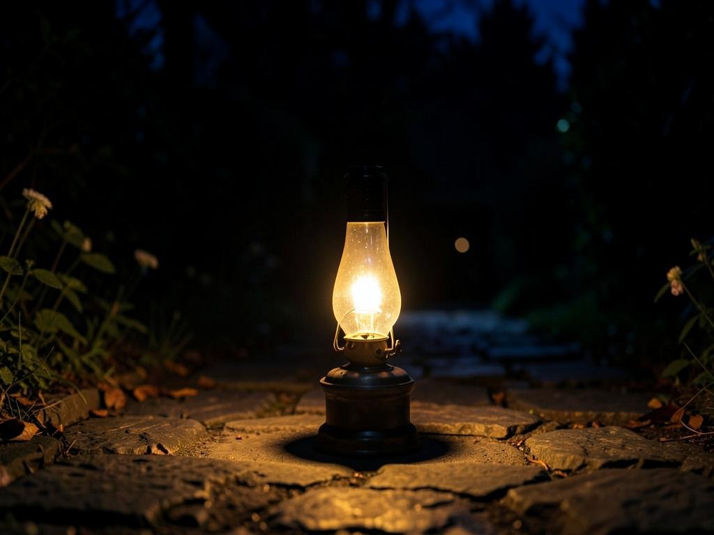 Lamparina acesa iluminando um caminho