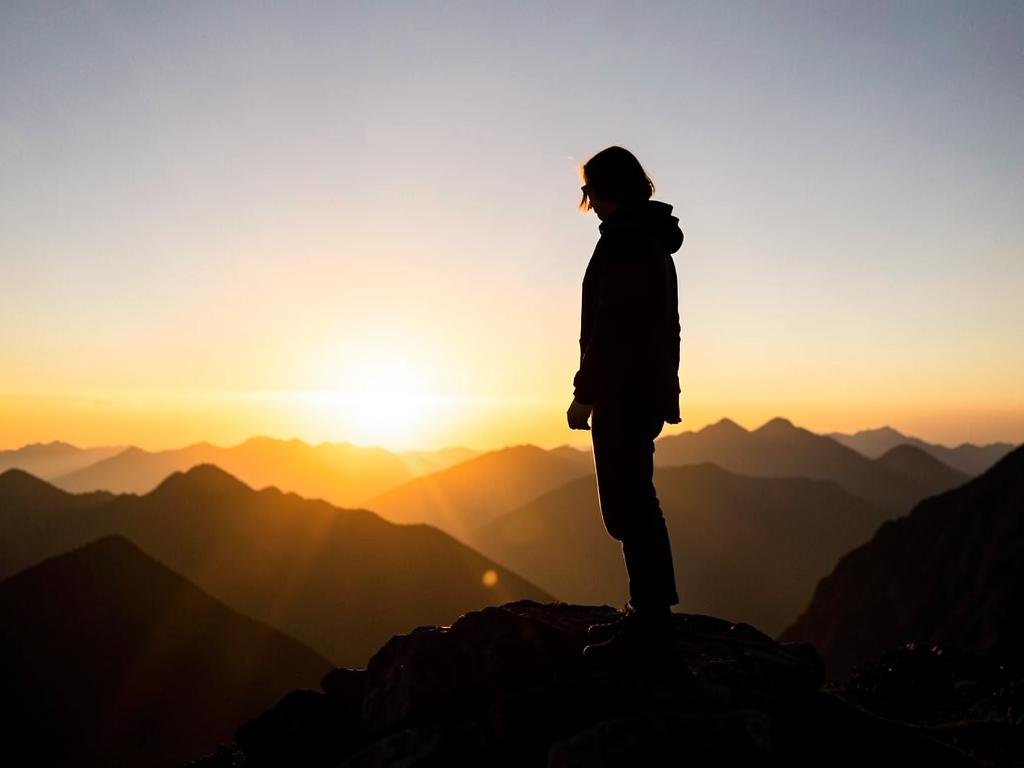 Pessoa em pé no alto de uma montanha ao nascer do sol
