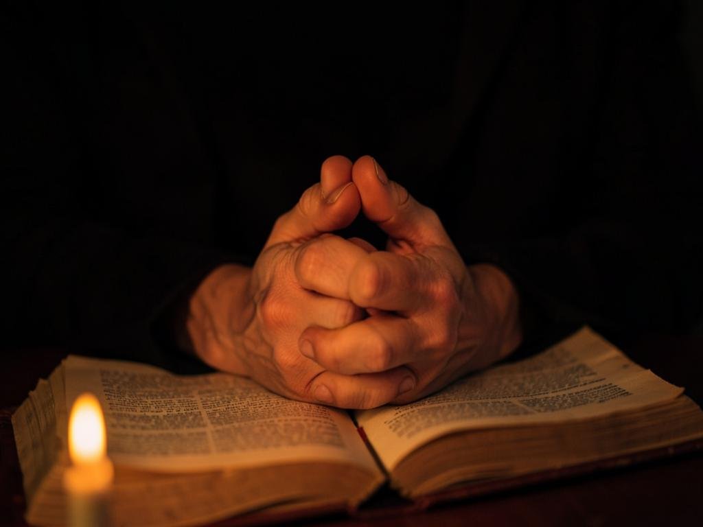 Mãos unidas em oração sobre uma Bíblia à luz de vela
