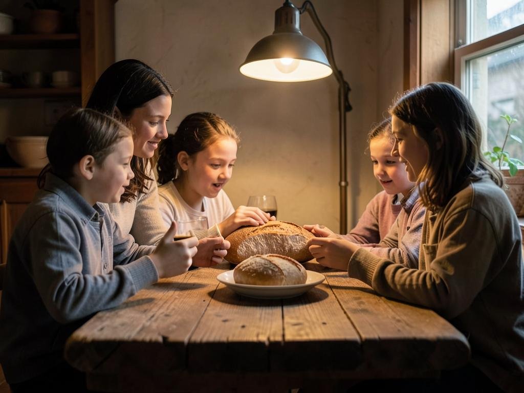 Família reunida ao redor de uma mesa de madeira partindo o pão